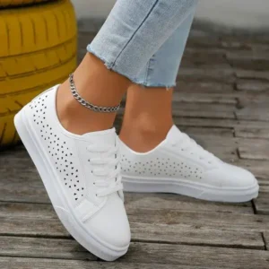 Cupcarrom Women Fashion Solid Color Plus Size Hollow Lace-Up Round-Toe Sneakers