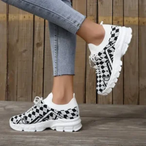 Cupcarrom Summer Women Fashion Casual Geometric Print Fly-Woven Lace-Up Sneakers