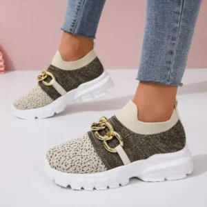 Cupcarrom Women Fashion Color Block Metal Chain Thick-Soled Breathable Fly-Woven Sneakers