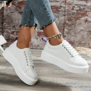 Cupcarrom Women Fashion Solid Color Round-Toe Lace-Up Thick-Soled Sneakers