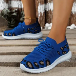 Cupcarrom Women Fashion Casual Leopard Print Round Toe Fly-Woven Stretch Sneakers