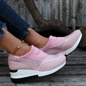 Cupcarrom Women Fashion Casual Rhinestone Breathable Wedge Heel Sneakers