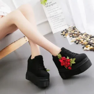 Cupcarrom Women Fashion Casual PU Floral Printed Thick-Soled Lace-Up Canvas Sneakers