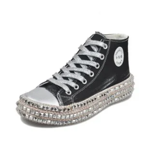 Cupcarrom Women Fashion Casual Rhinestone Leopard Lace-Up Canvas Sneakers