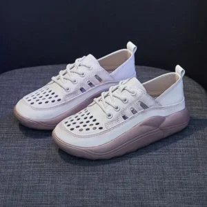 Cupcarrom Women Fashion Casual Solid Color PU Lace-Up Hollow Breathable Sneakers