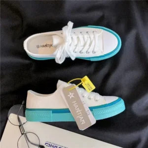 Cupcarrom Women Fashion Cream Blue Canvas Lace-Up Sneakers