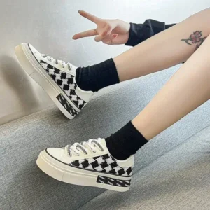 Cupcarrom Women Fashion Platform Checkerboard Canvas Sneakers