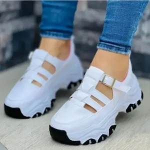 Cupcarrom Women'S Casual Fashion Round Toe Mesh Solid Color Thick Sole Stitching Suede Hollow Platform Sneakers