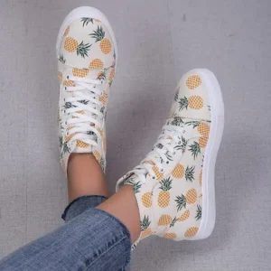 Cupcarrom Women Fashion Round Toe Lace-Up Pineapple Strawberry Flat Sneakers