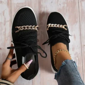 Cupcarrom Women Fashion Round Toe Rhinestone Metal Decoration Lace-Up Mesh Sneakers