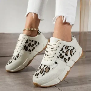 Cupcarrom Women Fashion Round Toe Stitching Lace Up Low Top Leopard Sports Sneakers